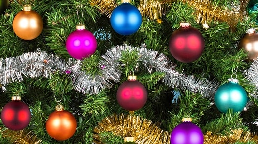 Christmas tree with baubles and tinsel decorations