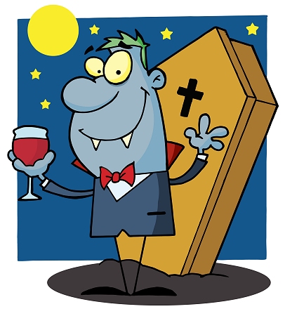 Count Dracula with his coffin and a drink of blood 