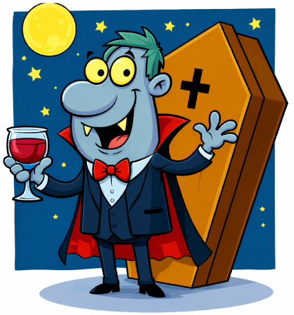 Count Dracula with his coffin and a drink of blood 